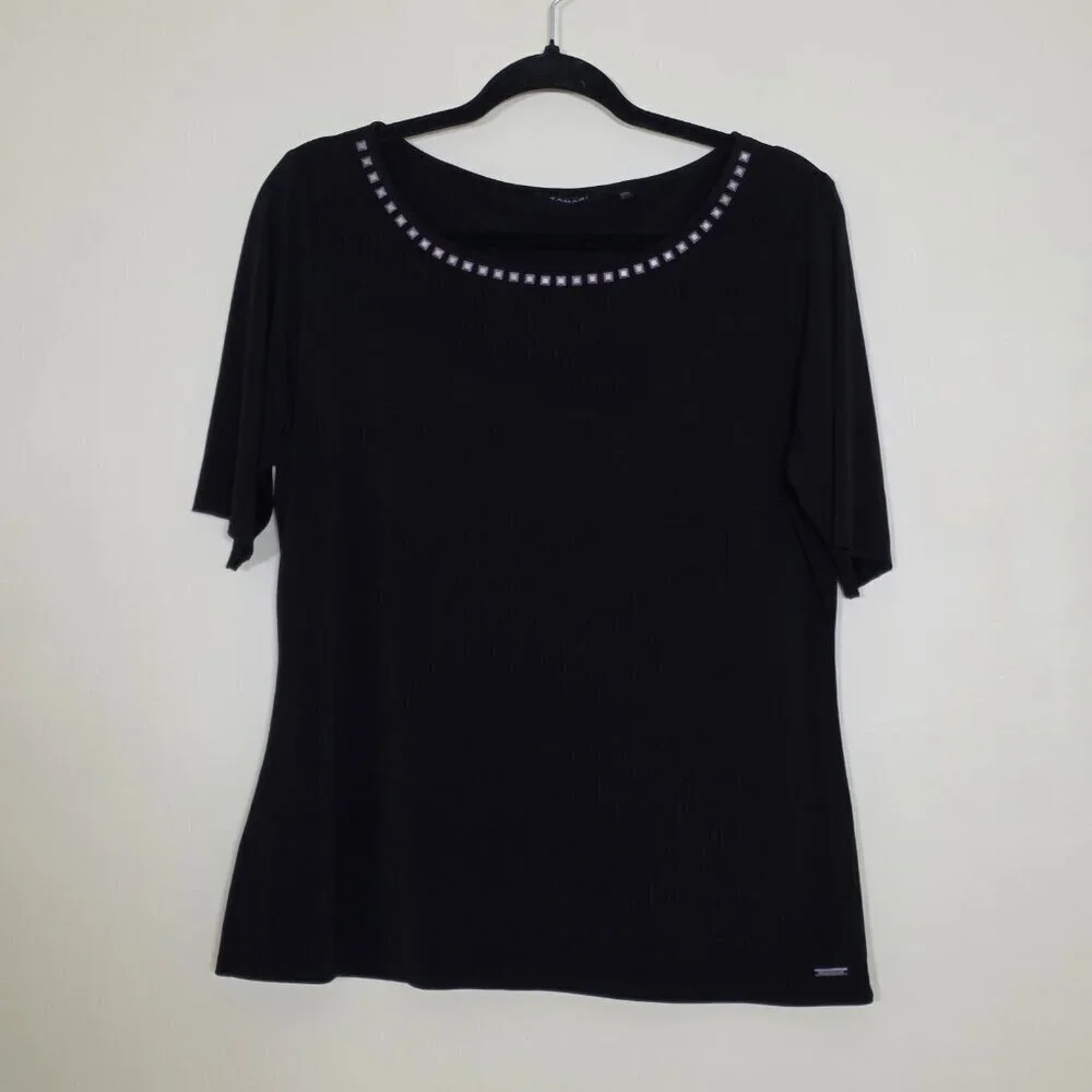 Tahari Top Womens L Black SS Studs Stretch Whimsigoth Office Mature Logo Capsule - Picture 15 of 16